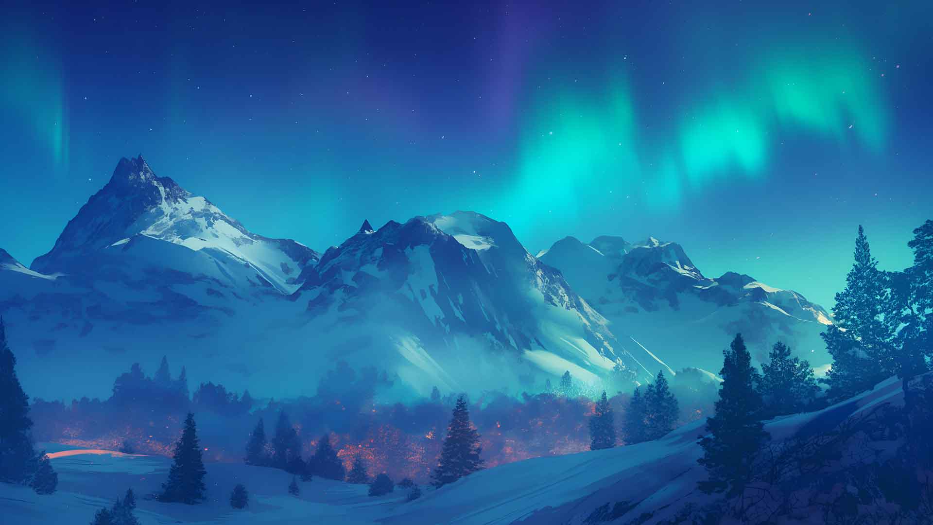 雪峰上的北极光桌面壁纸