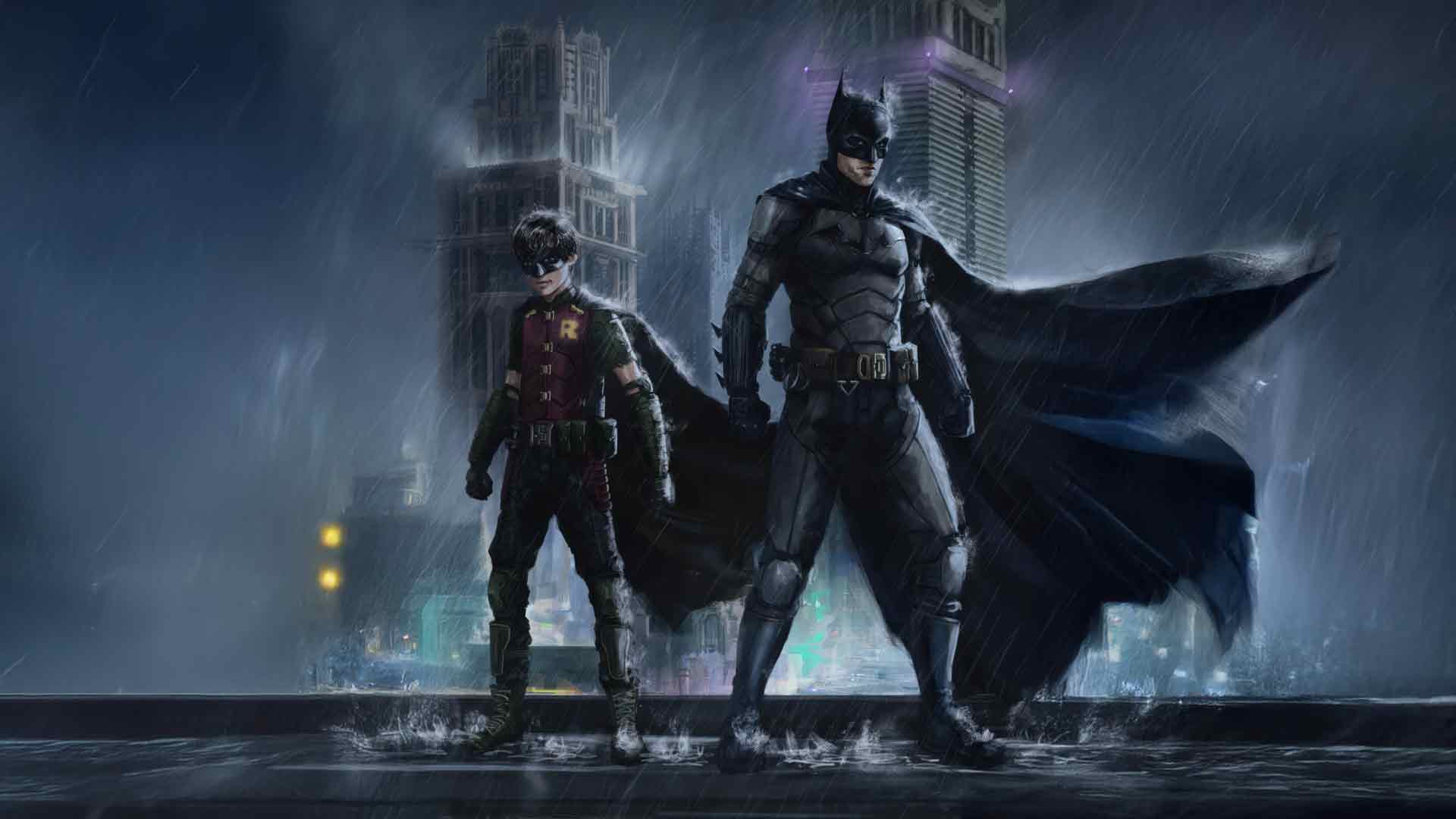 蝙蝠侠和罗宾在雨中的哥谭市