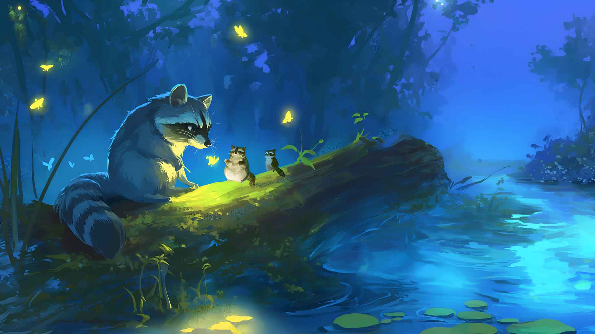 浣熊萤火虫夜神秘场景桌面壁纸