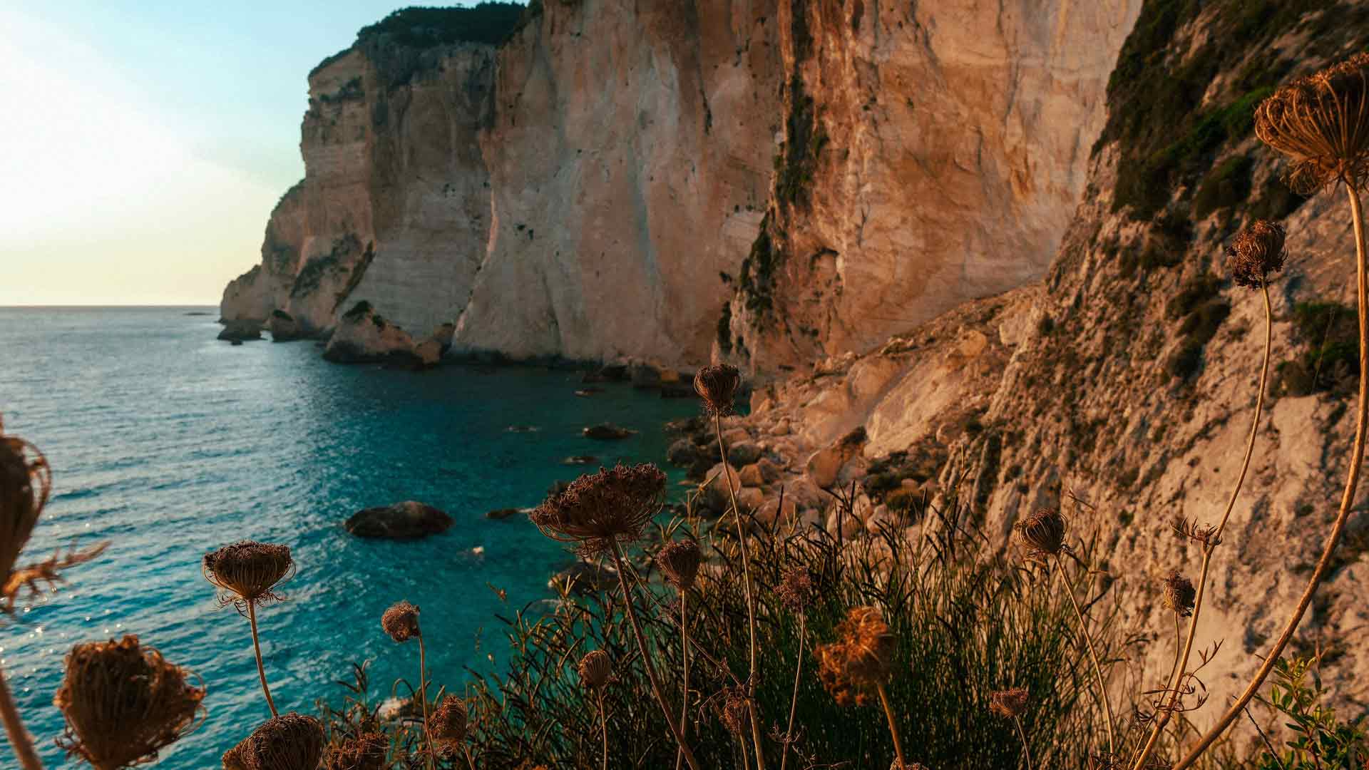 黄昏 海洋 悬崖 山脉 科孚岛 希腊