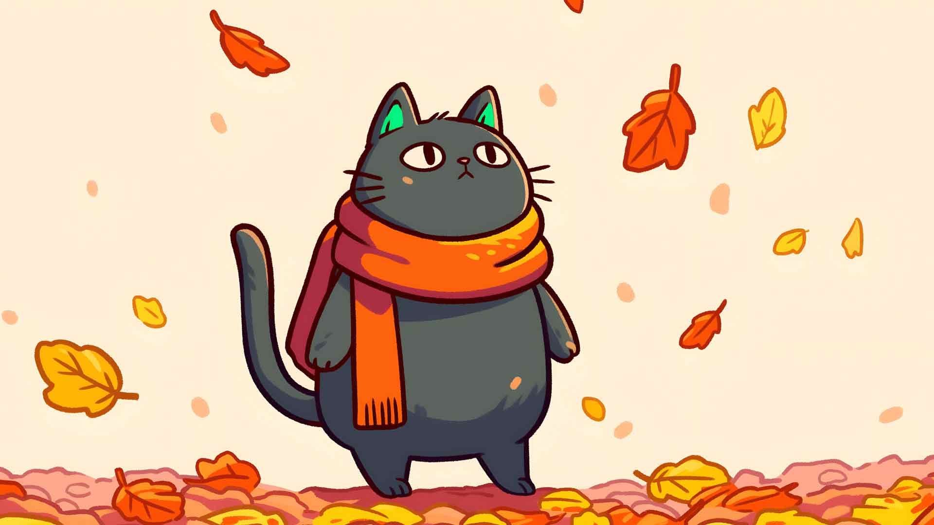 Pusheen Cat 秋季围巾落叶桌面壁纸