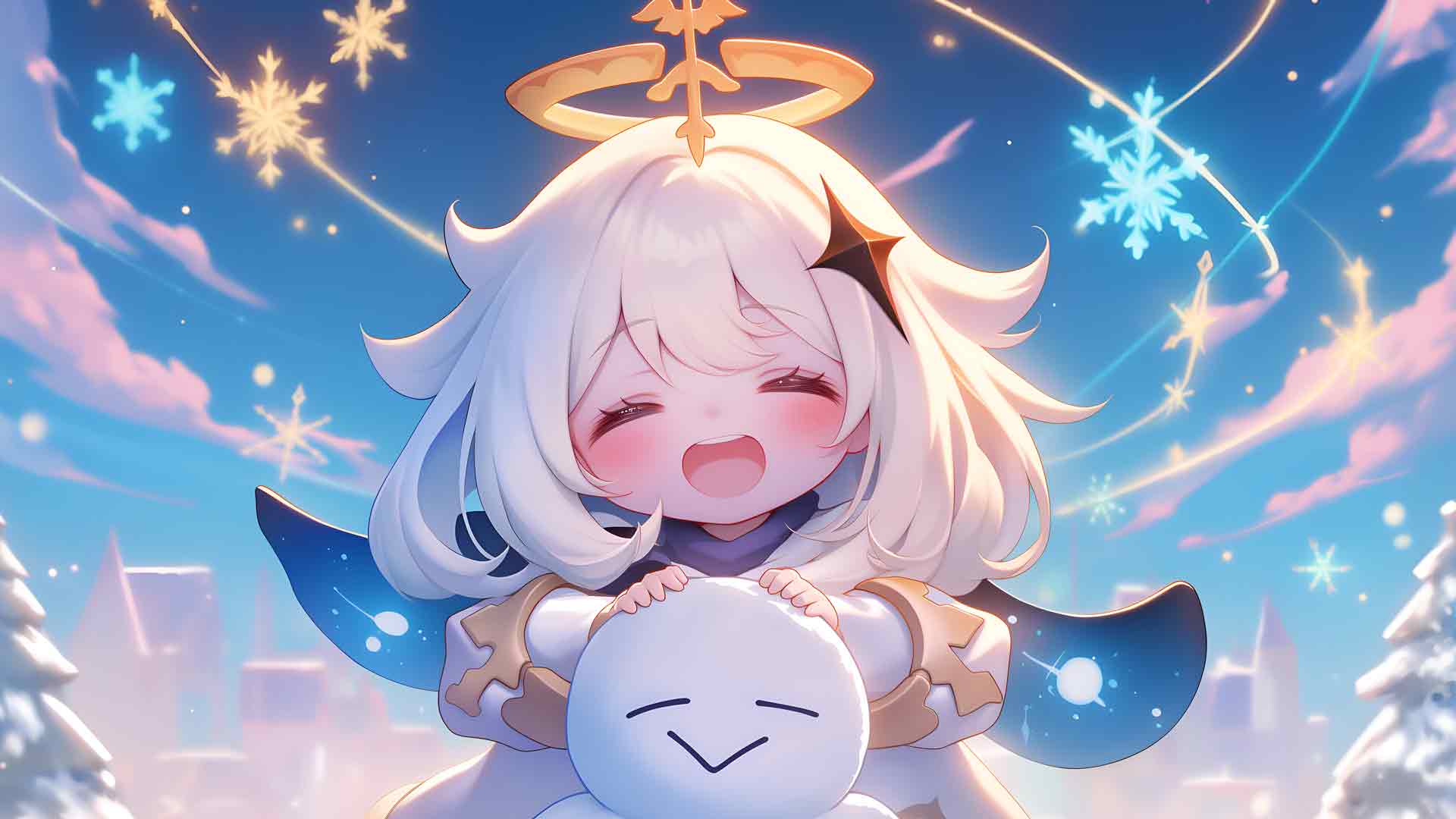 原神派蒙拥抱雪人的桌面壁纸